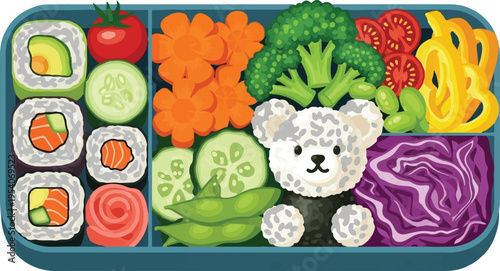 A colorful bento box featuring fresh sushi rolls and a cute rice bear surrounded by vegetables