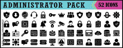Administrator Pack Icons Set for Dashboard Interface, Collection of black administrator and system icons for dashboards, user management, settings, and web interfaces for apps and backend design.