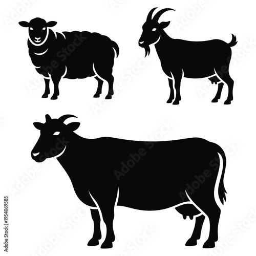 Black silhouettes of sheep goat and cow livestock farm animals
