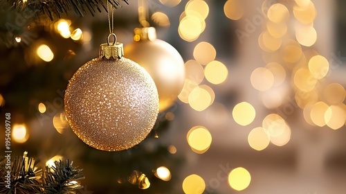 Wallpaper Mural Close-up of glittering gold Christmas ornaments hanging on a decorated tree with soft bokeh lights Torontodigital.ca