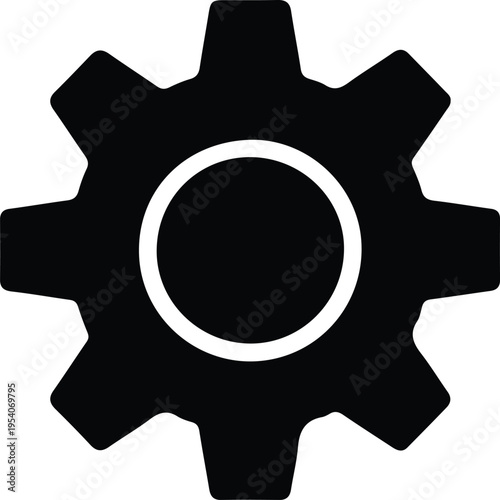 Black Gear Icon Representing Settings Configuration Symbol, Simple black gear icon symbolizing settings, configuration, system control, and technical adjustments on a clean neutral background.