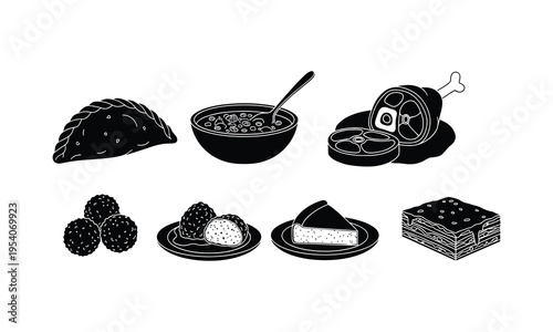 Assorted delicious dishes illustrated in black and white sketch style