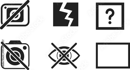 Set of black and white vector icons representing missing image, broken link, no photo available, hidden content, and invisible eye symbols for graphic web design.
