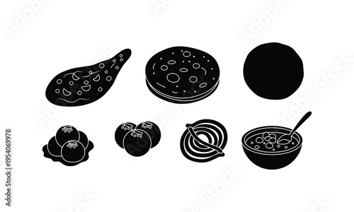 Black and white line art depictions of various food items and dishes