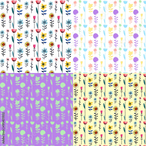 Set of 4 cute floral hand-drawn seamless patterns