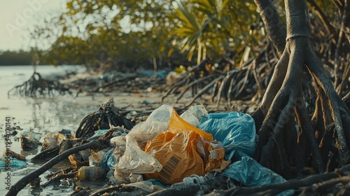 Wallpaper Mural Discarded Plastic Bags Tangled in Mangrove Roots Near Polluted Shoreline Torontodigital.ca