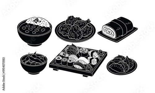 Traditional japanese bento box and assorted side dishes illustration
