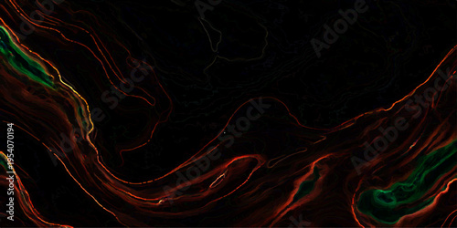 Vector Abstract fluid art swirling pattern of glowing orange, red, and green with a black backdrop, artistic flow and aesthetic design, modern digital illustration for decorative use 