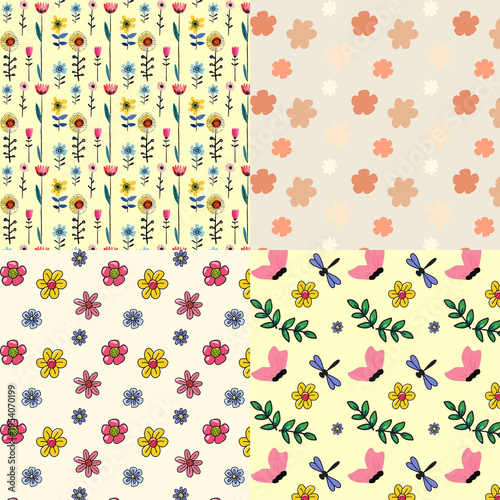 Set of 4 cute floral and nature seamless patterns