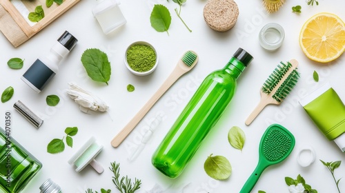 Wallpaper Mural Eco-friendly sustainable bathroom essentials with natural ingredients and minimalist design presented in a clean flat lay arrangement Torontodigital.ca