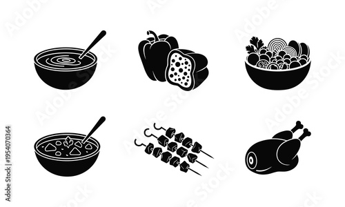 Assorted black and white illustrations of various food items and dishes