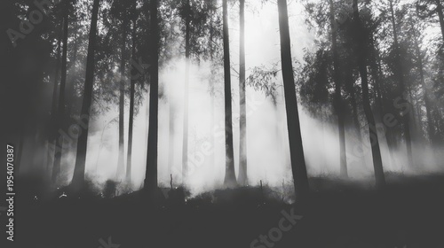 Wallpaper Mural Eerie smoke billows through a dark forest with dramatic light rays piercing the canopy, highlighting environmental impact. Torontodigital.ca