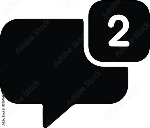 Chat notification icon with message bubble, Minimal black speech bubble icon with notification badge showing two unread messages, representing messaging apps, alerts, and communication concepts.
