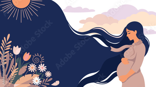 Serene pregnant woman embraces her growing belly in a beautiful natural setting under the sun