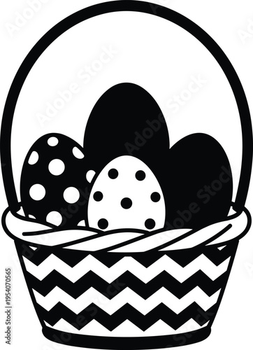 Traditional Woven Basket with Decorative Polka Dot Easter Eggs Illustration, Silhouette, vector.