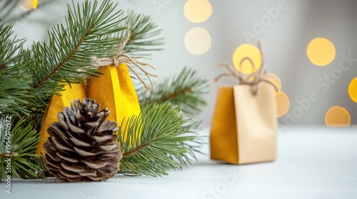 Wallpaper Mural Festive Christmas Gifts Wrapped in Yellow and Kraft Paper with Pine Branches and Bokeh Lights Torontodigital.ca