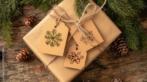 Wallpaper Mural Festive Christmas Gift Wrapping with Rustic Kraft Tags Featuring Snowflake Designs and Natural Twine Torontodigital.ca