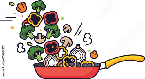 A vibrant illustration featuring fresh colorful vegetables being tossed in a red frying pan base