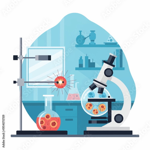 Microscopic Cellular Research in a Science Laboratory with Flasks and Advanced Microscope
