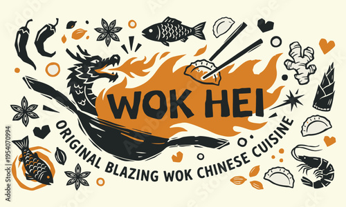Vintage style illustration celebrating authentic Chinese wok cuisine with a fiery dragon