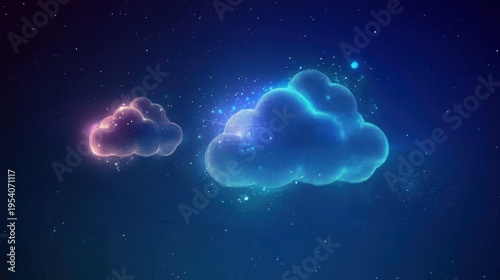 Futuristic glowing cloud network symbolizing smart city technology and digital connections in a cosmic night sky