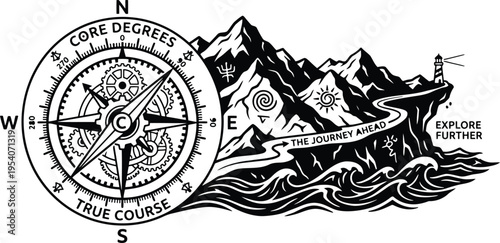 An old compass guides a true course for an adventurous journey through mountains to a guiding lighthouse.
