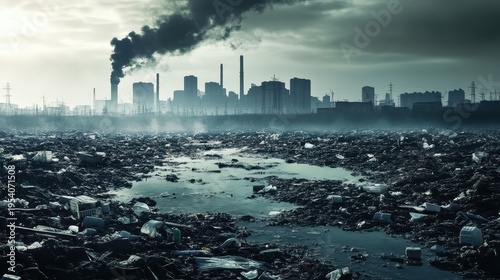 Grim urban skyline overshadowed by industrial pollution and vast landfill site