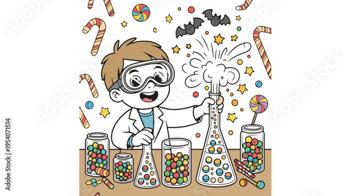 A cartoon boy in a lab coat conducts a colorful candy experiment