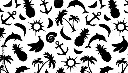 Palm tree silhouette illustration with tropical icons and symbols on white background