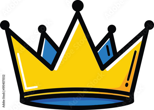 A vibrant cartoon crown with yellow and blue hues and bold black outlines