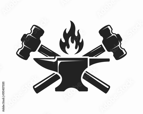 A black silhouette illustration featuring a blacksmith anvil crossed with two heavy iron hammers isolated on white background, Vector, illustration