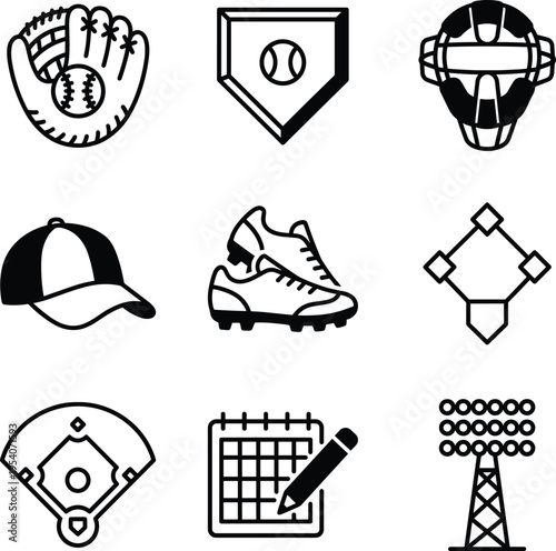 Linear Baseball League Essentials and Game Day Schedule Icons Illustration, Silhouette, vector