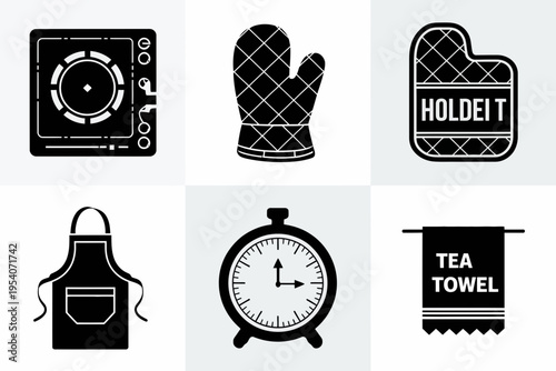 A collection of black icons representing essential kitchen tools and culinary cooking accessories isolated on white background, Vector, illustration