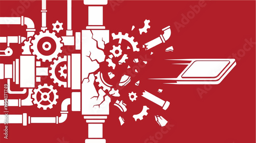 Innovation Disrupting Legacy Systems with Modern Digital Object Breaking Through Old Industrial Machine – Vector Illustration