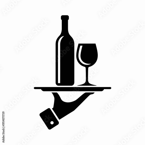 A waiter hand holding a serving tray with a glass of wine and a bottle for high end restaurant service isolated on white background, Vector, illustration