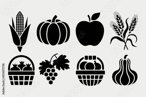 Collection of harvest icons featuring autumn crops like corn pumpkin apple wheat grape and basket isolated on white background, Vector, illustration