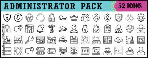 Administrator Pack Line Icons Set Interface Symbols, Collection of minimalist line icons for administrator tools, including settings, security, users, cloud, and system management concepts in a clean 