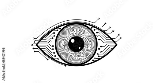 Human Eye with Circuit Board Pattern Retina on Isolated White Background