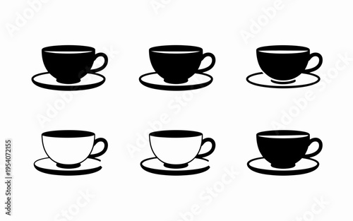A collection of six distinct cup and saucer icons featuring varied solid and outlined silhouettes isolated on white background, Vector, illustration