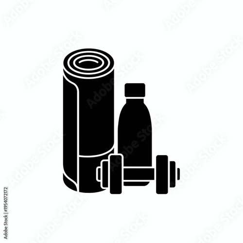 Black silhouette icon featuring a rolled yoga mat, a water bottle and a metal exercise dumbbell isolated on white background, Vector, illustration