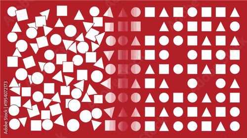 Digital Chaos Versus Structured Data Organization with Split Layout of Random Shapes and Aligned Grid System – Vector Illustration