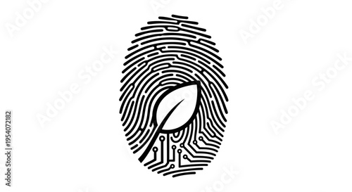 Biometric Fingerprint with Green Leaf and Circuit Board Pattern on Isolated White Background