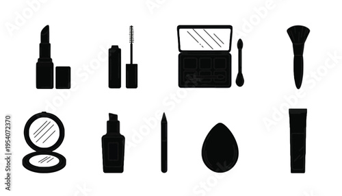 Makeup vector icons set including lipstick, mascara and brushes