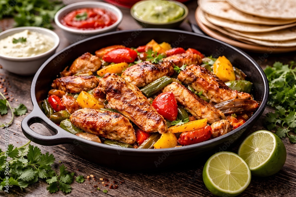 Fototapeta premium Chicken fajitas skillet with peppers, lime, and cilantro