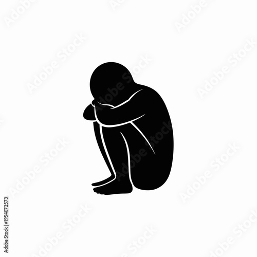A silhouette icon of a person sitting in a fetal position expressing deep sadness and loneliness isolated on white background, Vector, illustration