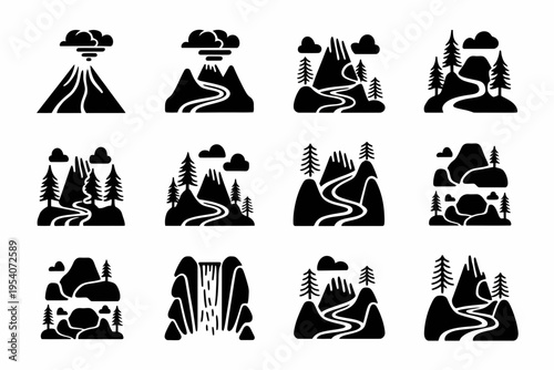A collection of black silhouette icons depicting various mountain landscapes and nature scenery isolated on white background, Vector, illustration