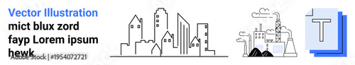 Urban planning, industrial design, environmental infrastructure, architecture, city development, documentation. Minimalist cityscape and factory illustration with abstract text icon. Urban planning