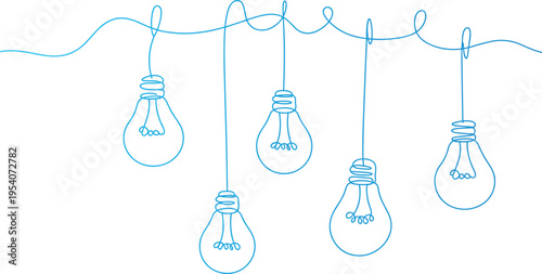 Five light bulbs hanging from a wavy string in a minimalist design