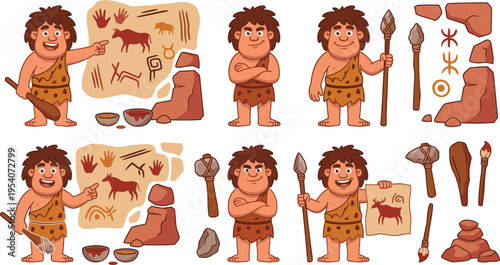 Cartoon Caveman Character Set with Cave Paintings Stone Tools Symbols Rock Art and Prehistoric Culture Elements for Educational Illustration Design