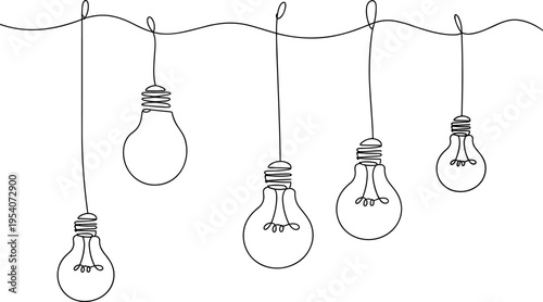 Five classic light bulbs hanging from a string in a row